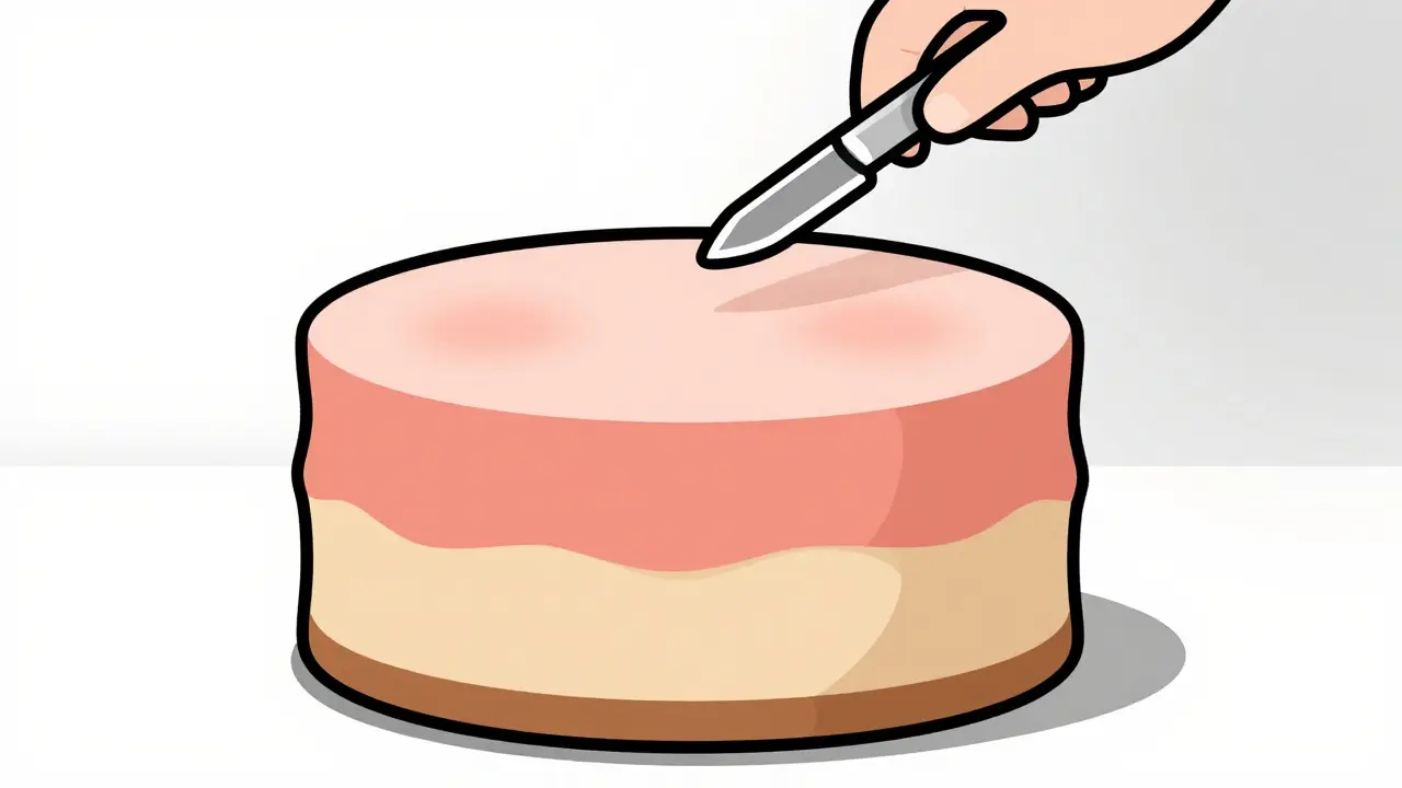 Иллюстрация лица в виде трехслойного торта: нижний слой — структура скул, средний — губы, верхний — сияние кожи вокруг глаз.