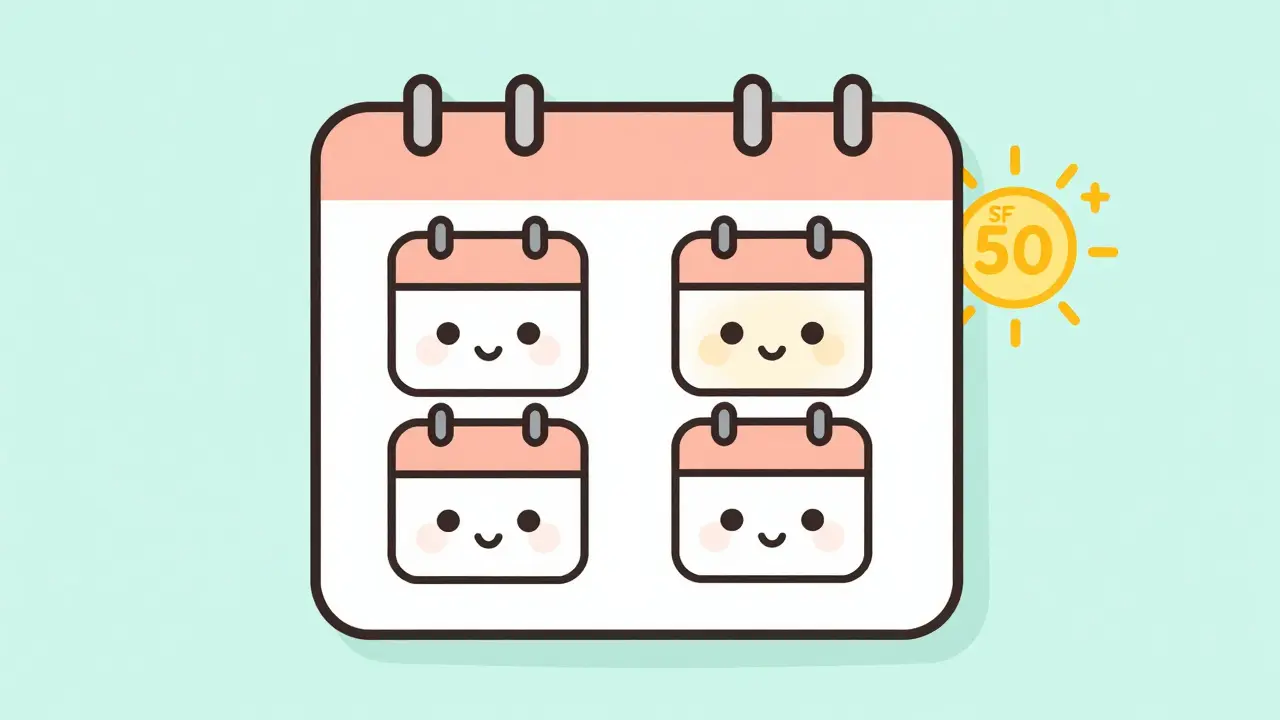 Календарь с четырьмя сеансами мезотерапии, показывающий постепенное улучшение кожи и защиту от солнца.