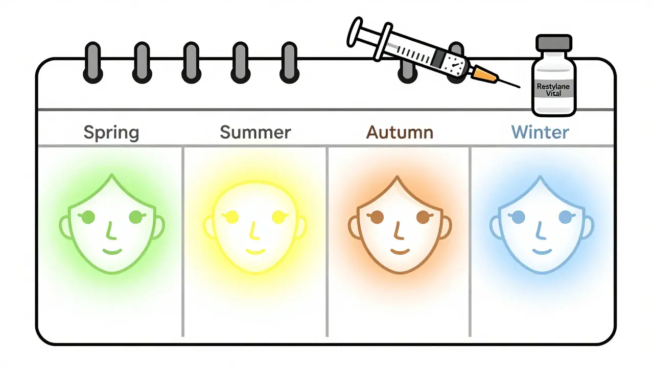 Календарь с четырьмя сезонами, показывающий постепенное угасание сияния кожи без поддерживающих процедур.