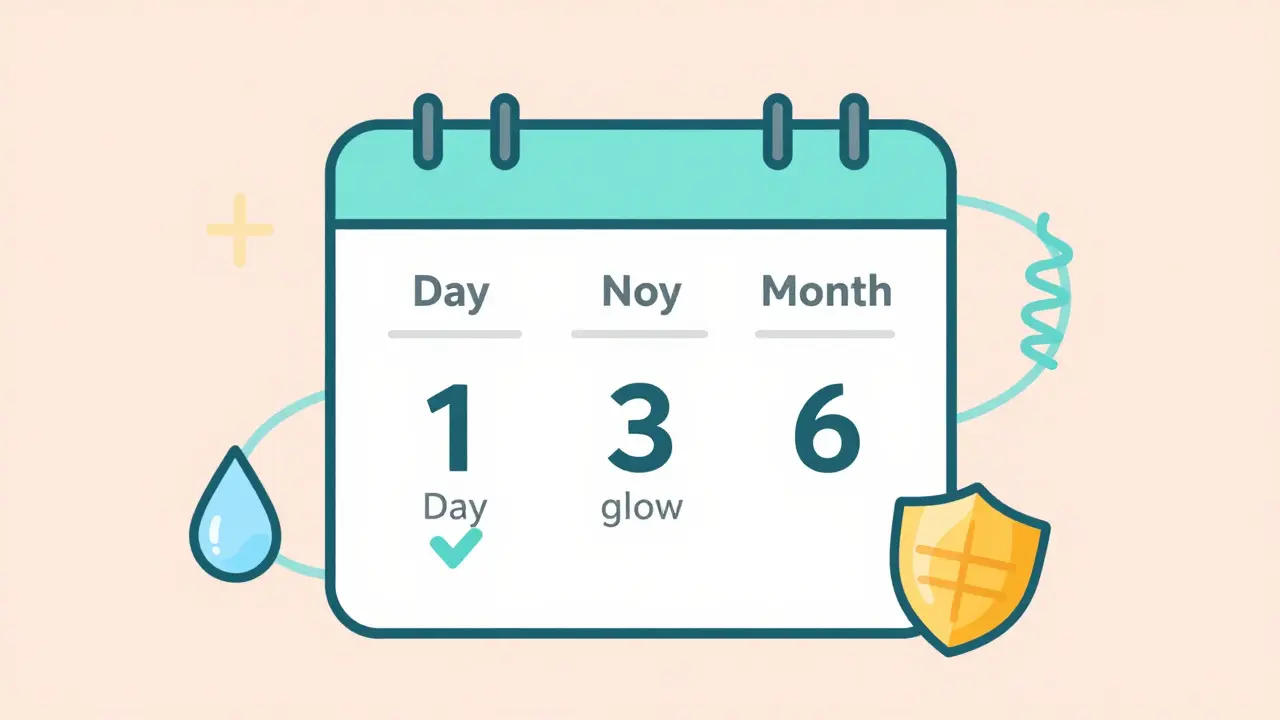 Календарь с тремя ключевыми датами и символами ухода за кожей: капля воды, спираль коллагена и солнцезащитный щит.
