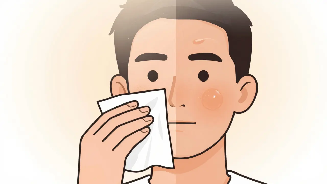 Лицо разделено на сухие щеки и жирную Т-зону, изображённое в минималистичном стиле.