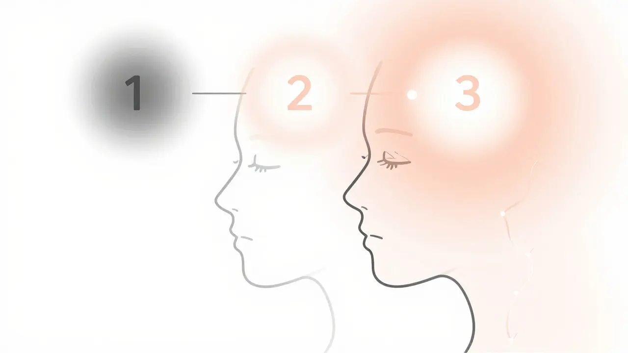 Процесс омоложения лица во времени: от тусклости к сиянию, изображённый как постепенное изменение цвета и формы.