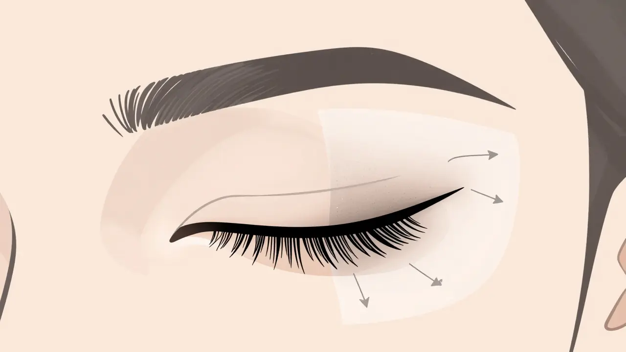 Разделенное веко: одна сторона с размазанной подводкой, другая — с тремя слоями фиксации.