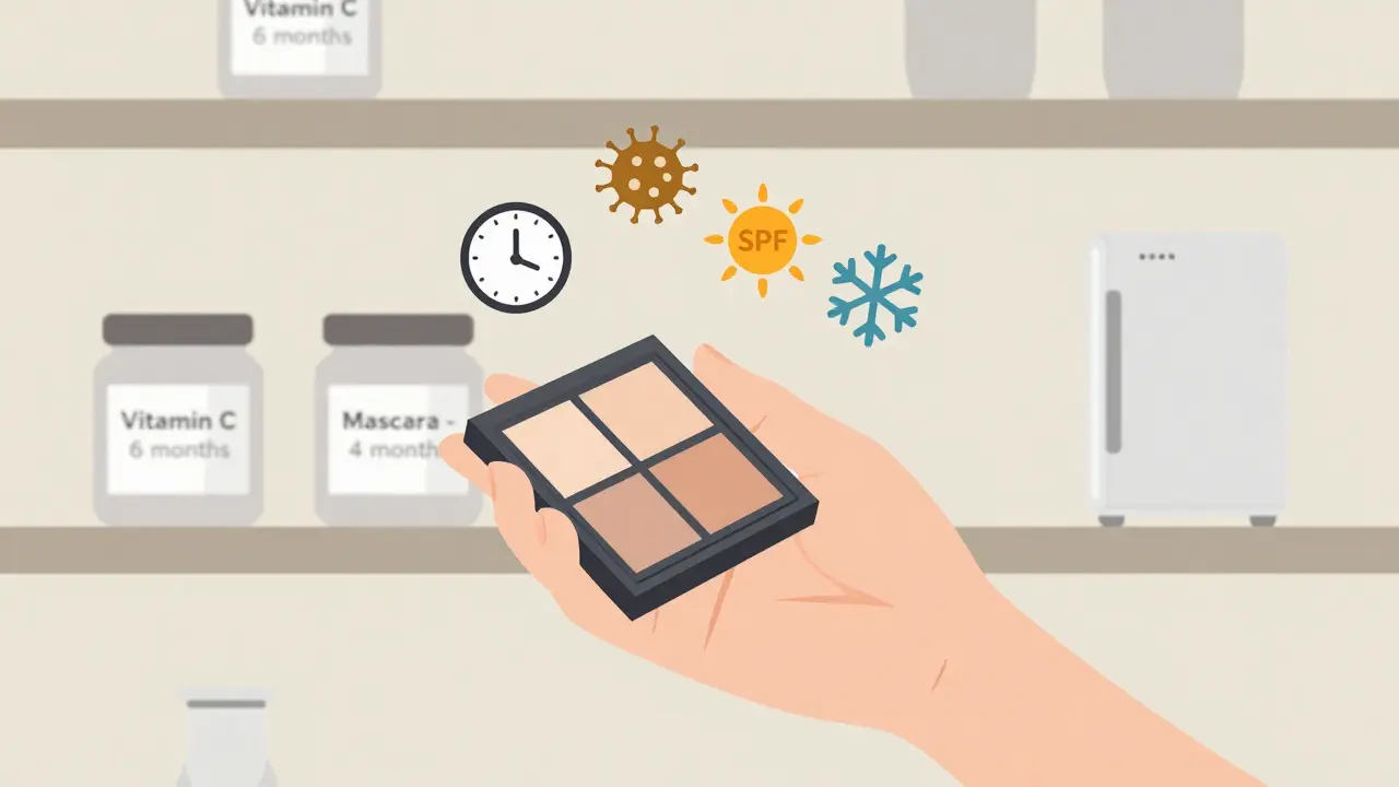 Рука держит косметику с символами срока годности: часы, бактерии, солнце и снежинка над тюбиками.