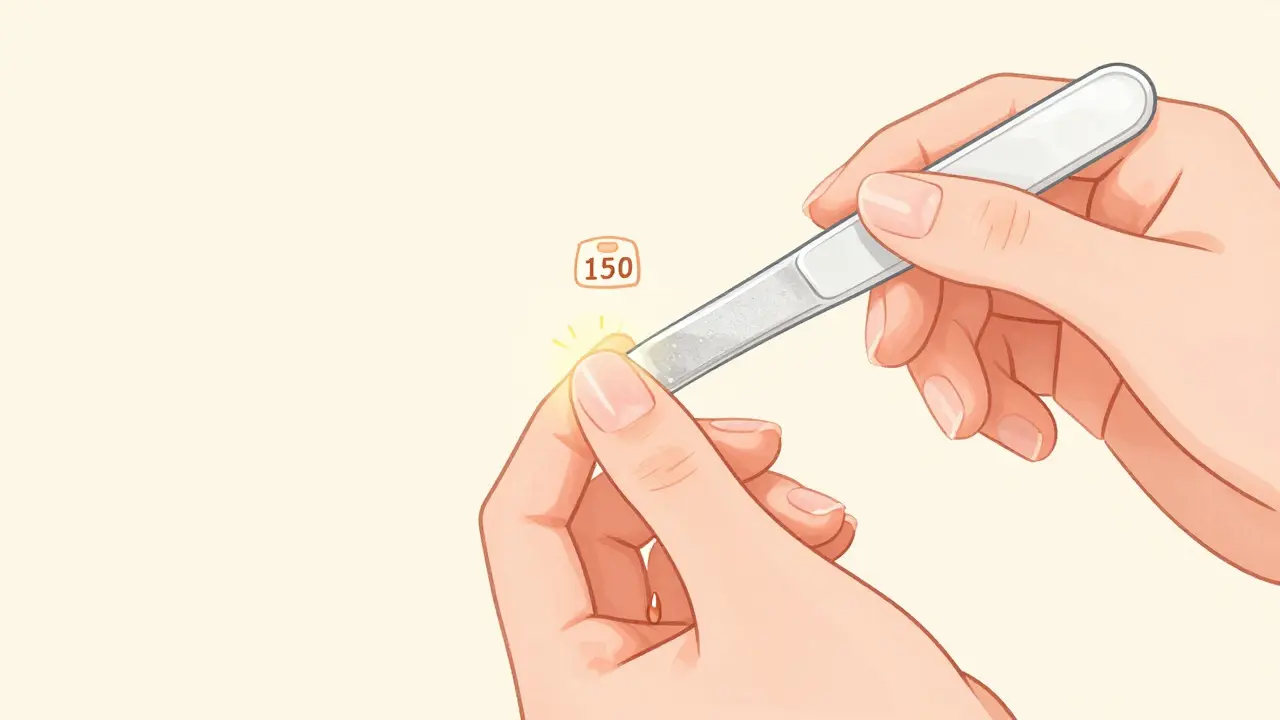 Рука полирует ноготь стеклянной пилкой, капля масла падает на кутикулу, символизируя уход.