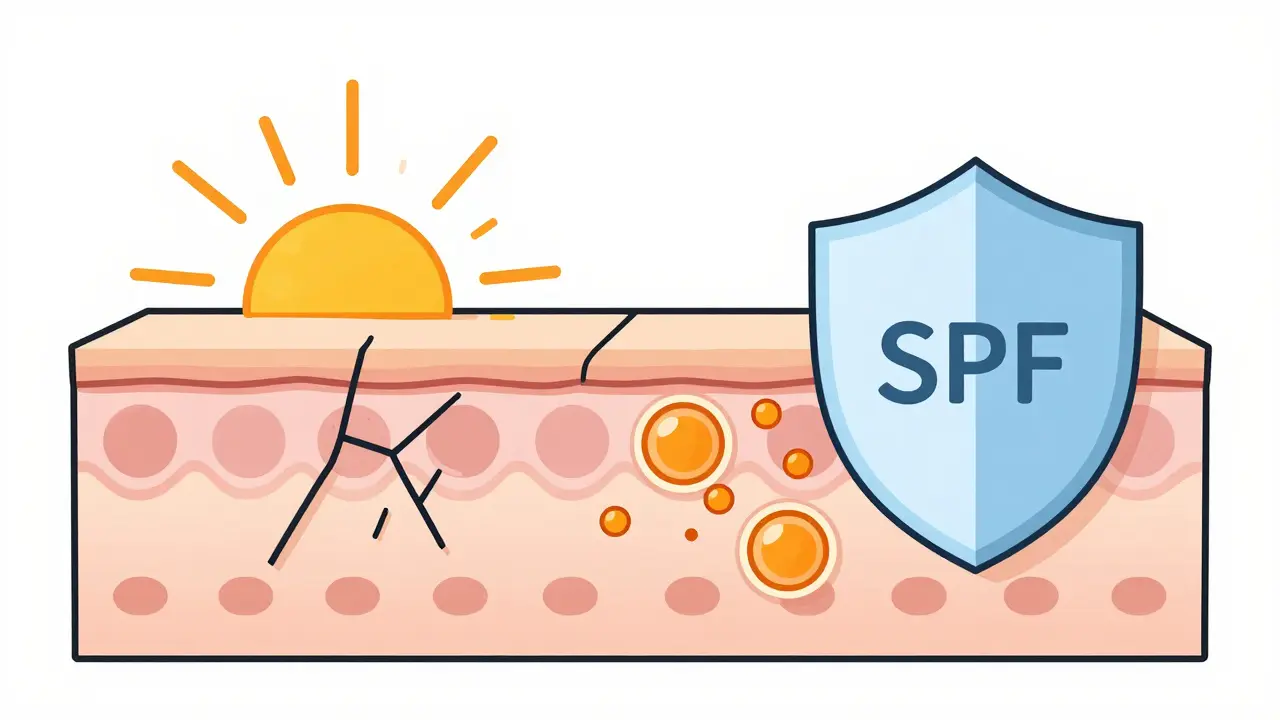 Схематичное изображение кожи: SPF блокирует УФ-лучи, а витамин С нейтрализует свободные радикалы.