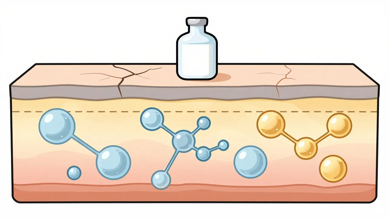 Сравнение сухой и увлажнённой кожи: верхний слой треснутый, нижний — насыщенный активными компонентами.