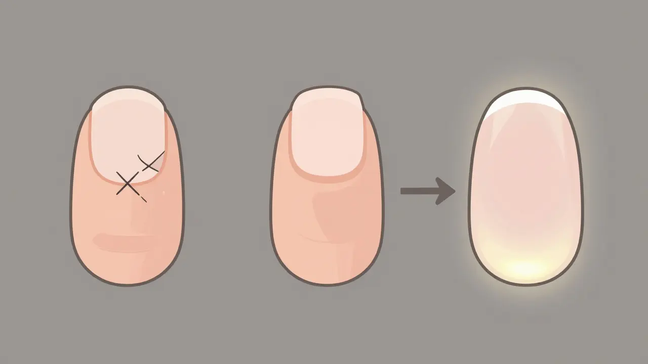 Сравнение: треснувший ноготь, правильное пилирование и идеальный результат.