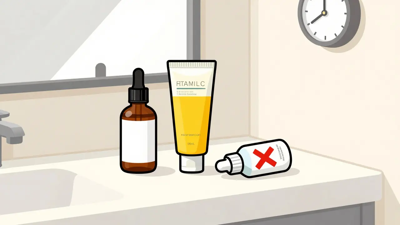 Столик с тёмной бутылкой витамина С, лёгким SPF и запрещённым ретинолом под утренним солнцем.