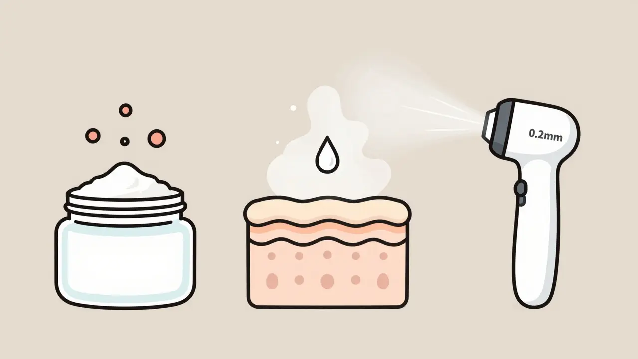 Три деликатных метода отшелушивания: ферменты, молочная кислота и низкое давление аппарата — все в мягкой стилистике.