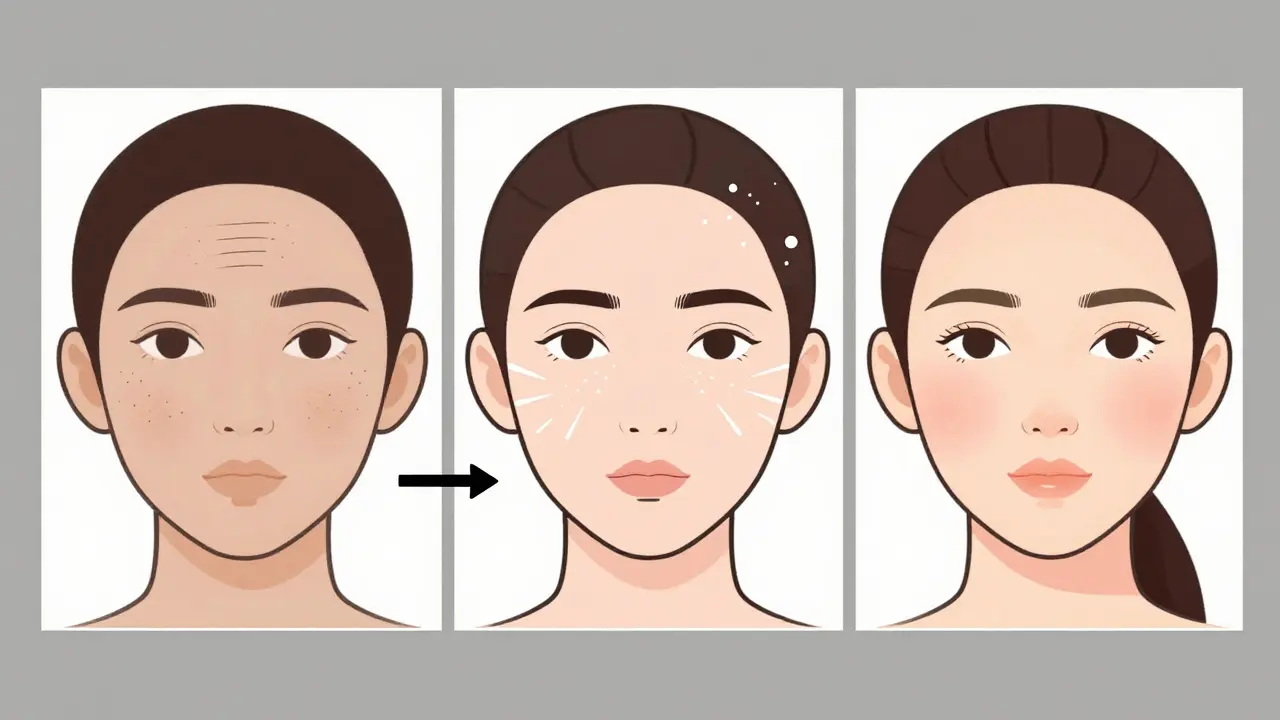 Три состояния кожи: сухая, с инъекциями и сияющая — сравнение в минималистичном стиле без текста.