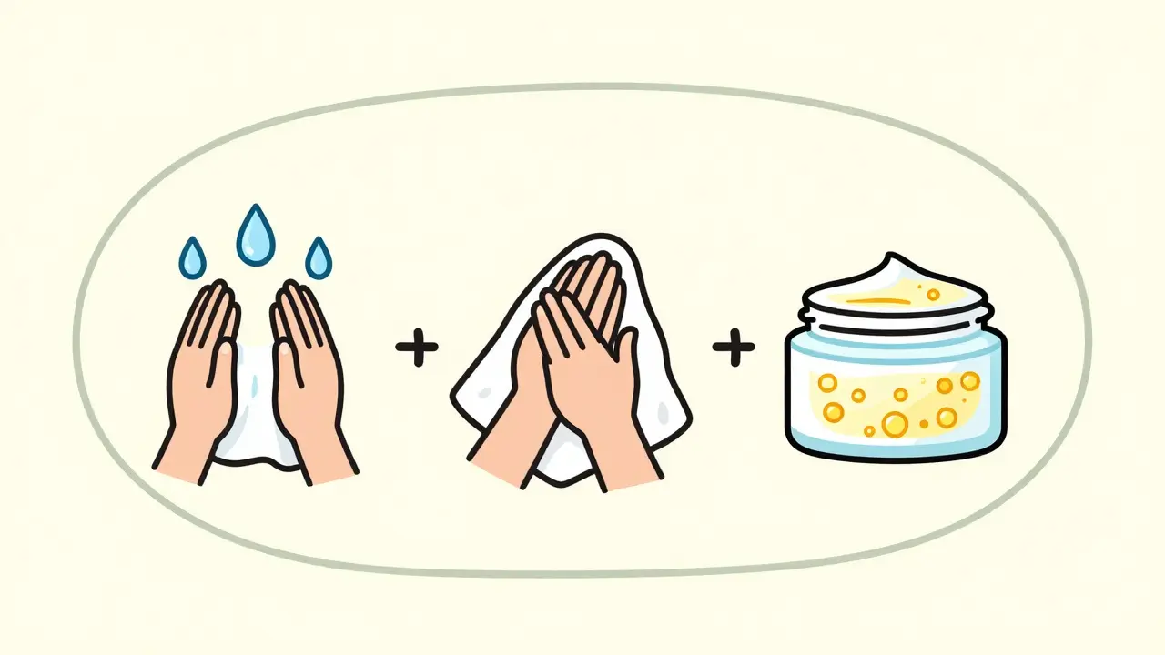 Уход после пилинга: вода, полотенце и крем с липидами, восстанавливающие кожный барьер.