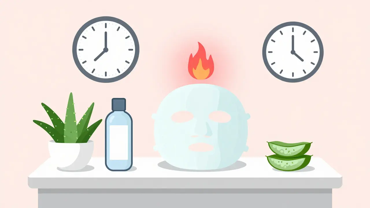 Успокаивающий уход на столе: маска, термальная вода и алоэ, покраснение исчезает.