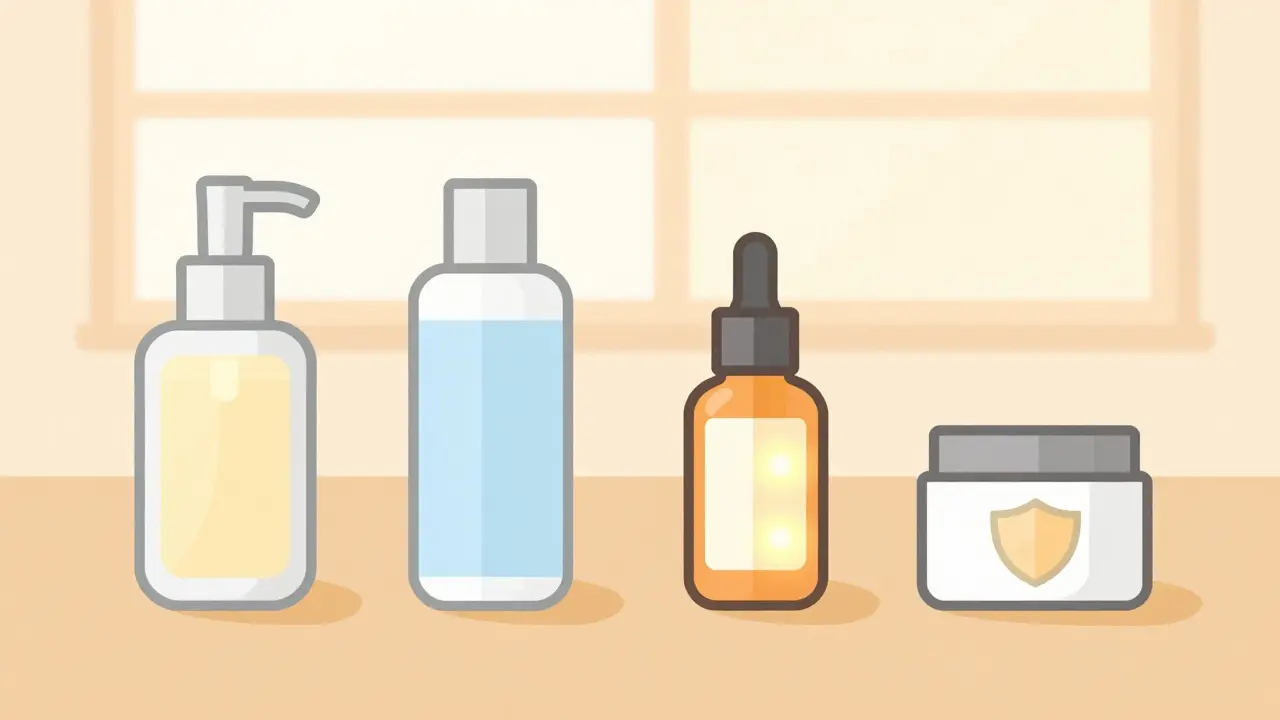 Утренний уход за сухой кожей: четыре простых шага в минималистичном стиле.