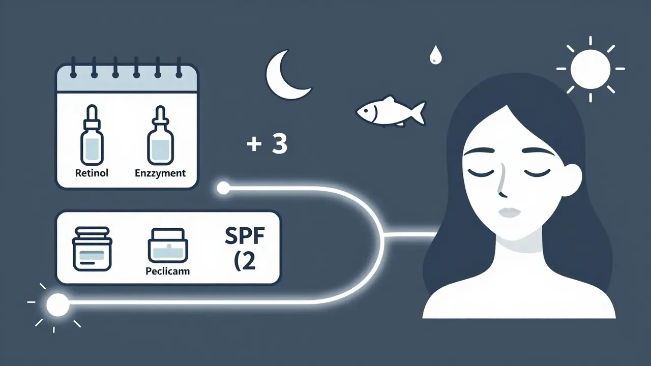 28-дневный уход: ключевые шаги — сыворотка, пилинг, крем, SPF — с символами воды, сна и солнца.