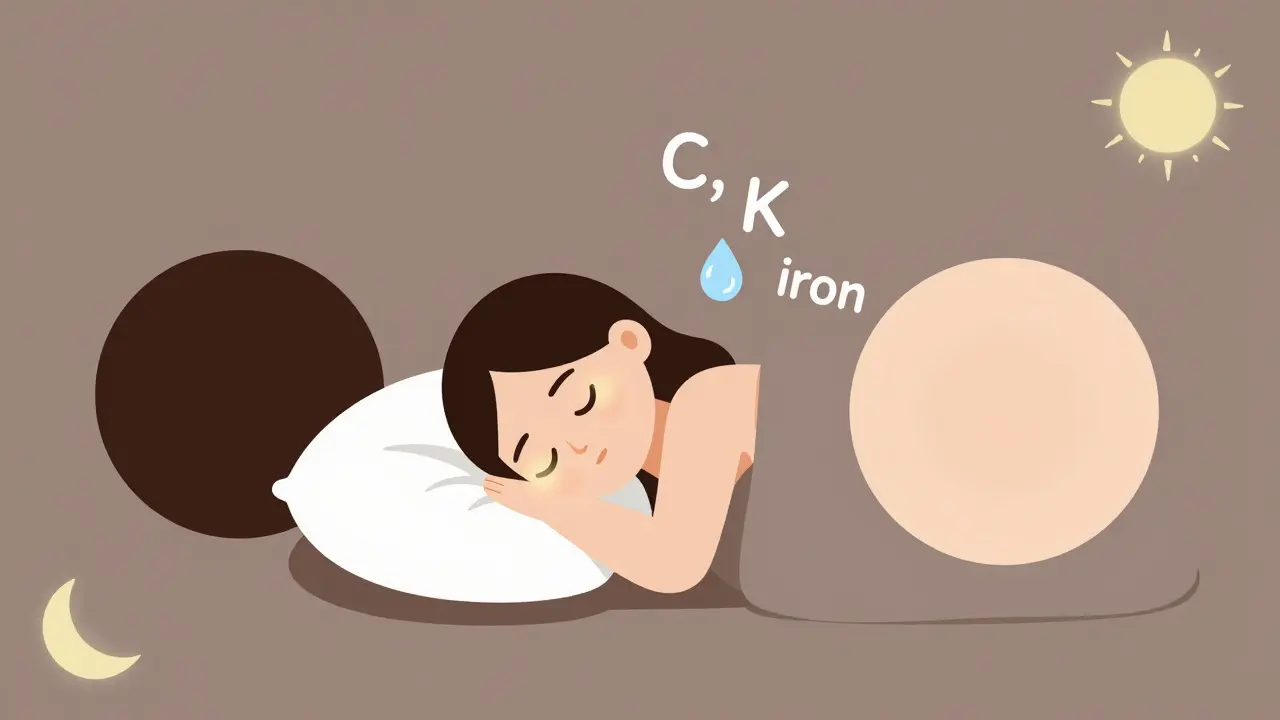 Человек спит на высокой подушке с витаминами и каплями воды, символизируя улучшение состояния кожи