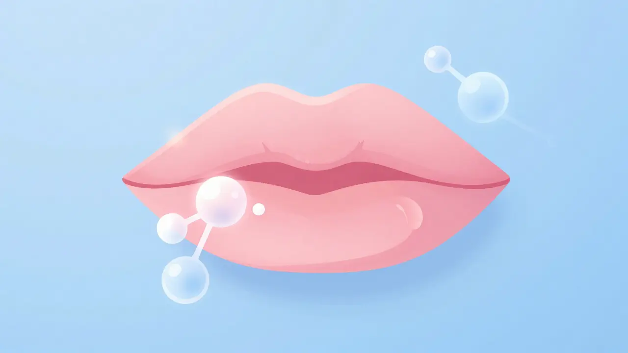 Гладкие губы с абстрактными молекулами гиалуроновой кислоты