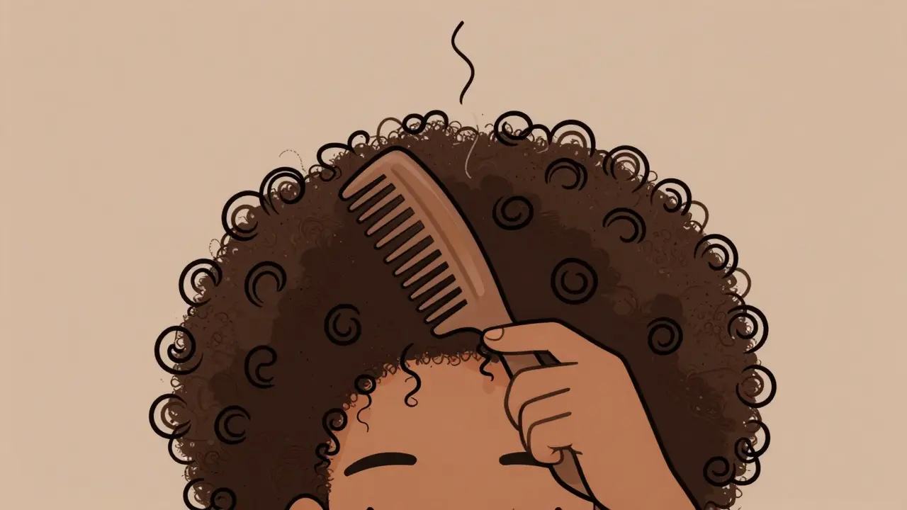 Гребень афропик аккуратно разделяет плотные завитки у корней.