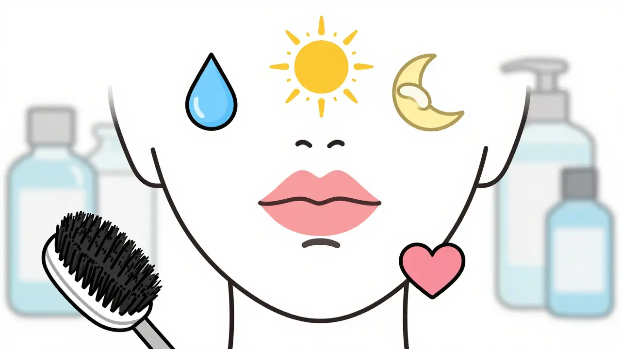 Губы, окруженные символами увлажнения и защиты, в то время как агрессивные средства удалены за рамки.