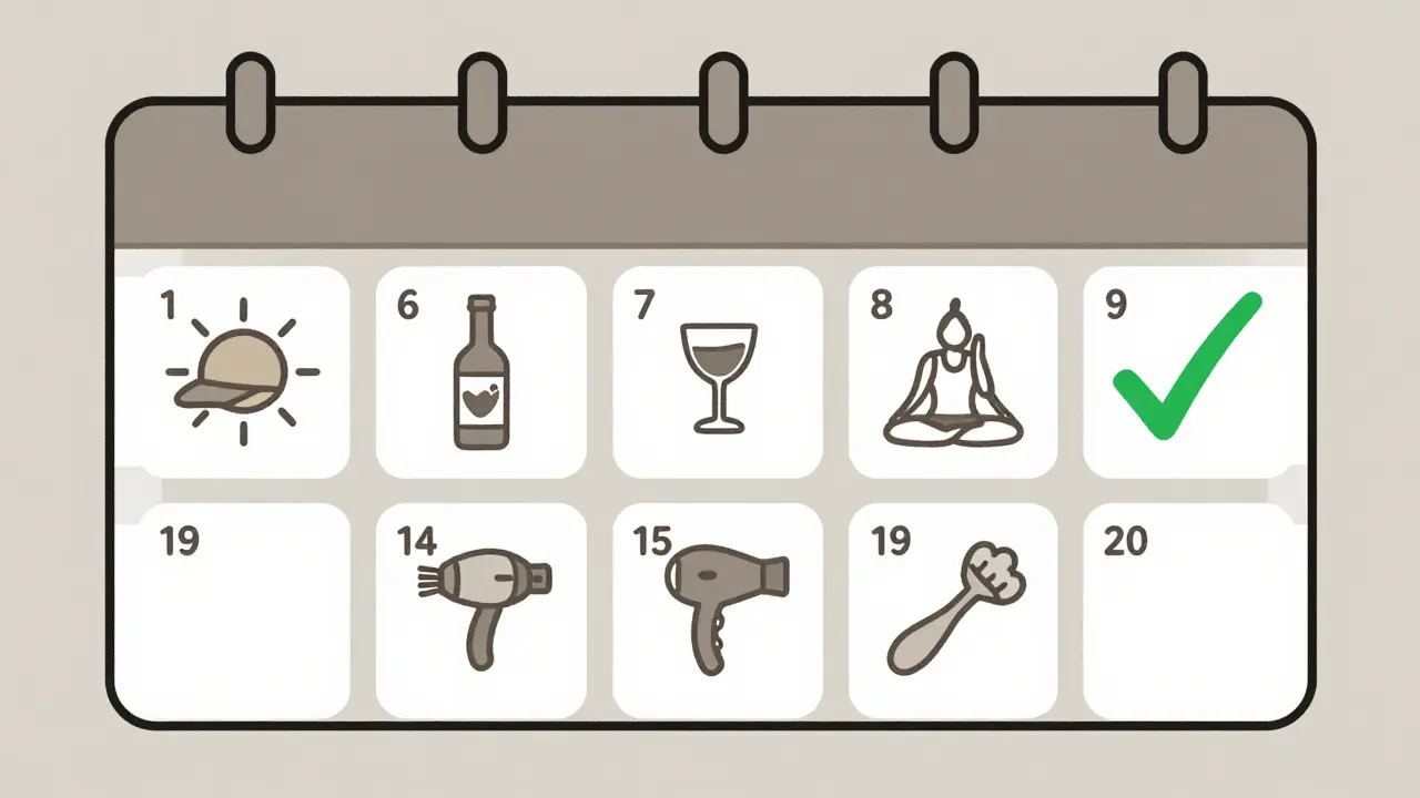 Календарь с запретами на семь дней, на восьмой день — зелёная галочка, символизирующая безопасное восстановление.