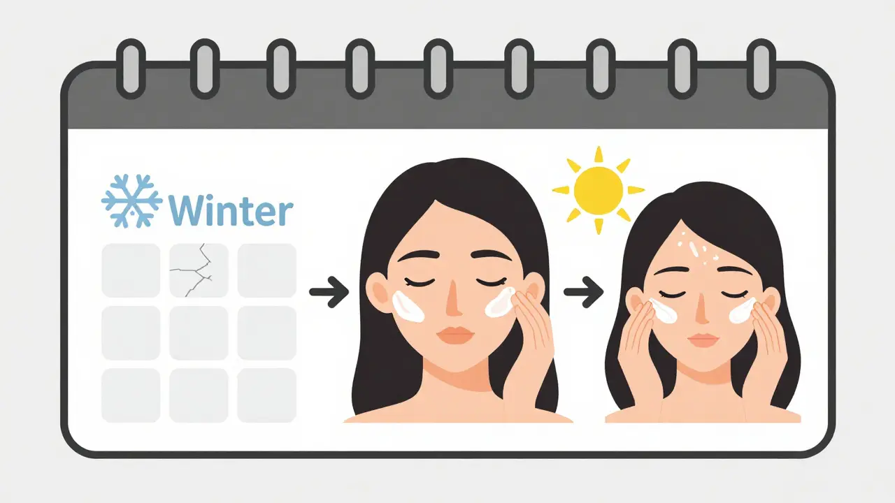 Календарь с зимой и летом, показывающий, как меняется уход за кожей в зависимости от сезона.
