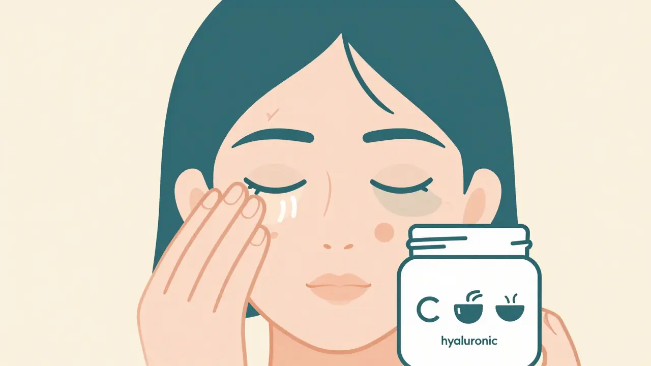 Легкий массаж под глазами с указанием тока лимфы и компонентами крема для осветления