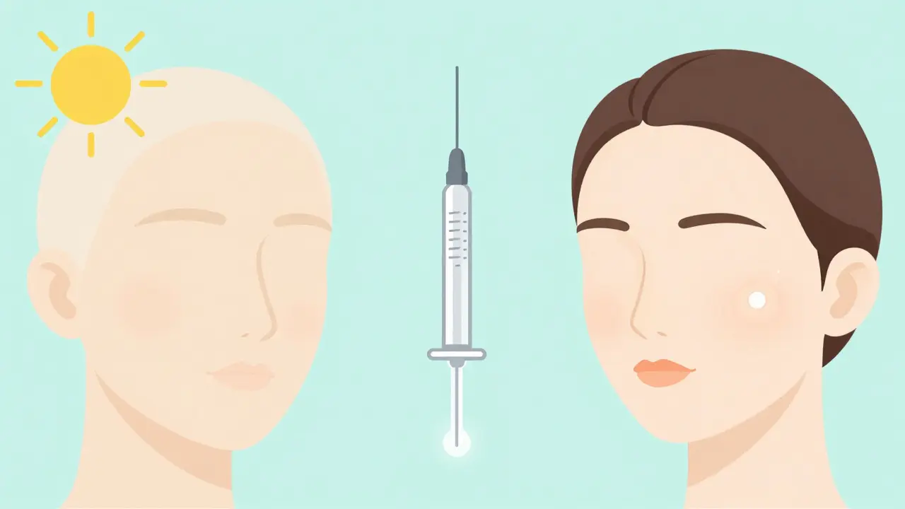 Лицо с тремя состояниями кожи: сухое, увлажнённое и процесс инъекции гиалуроновой кислоты.