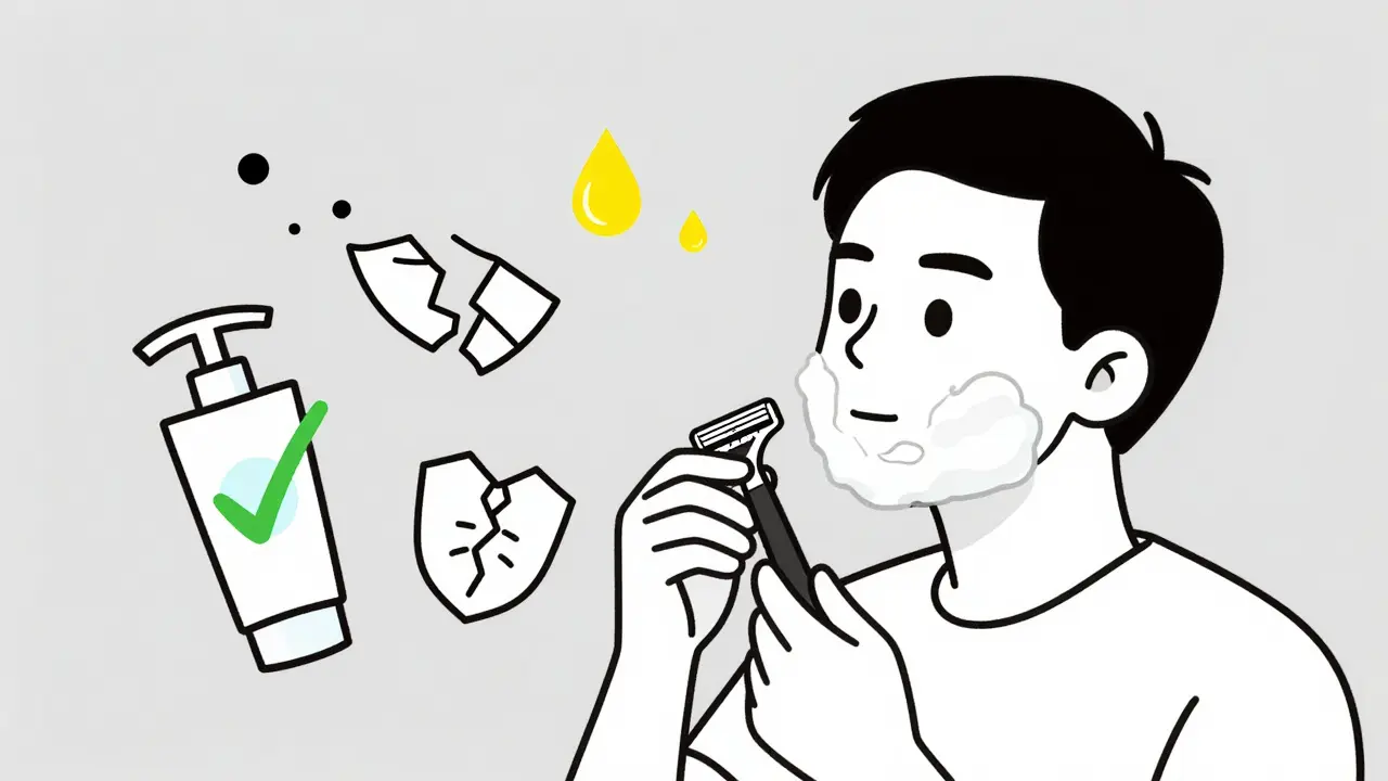 Мужчина бреется, вокруг него — признаки проблем кожи и правильный уход в виде простых символов.