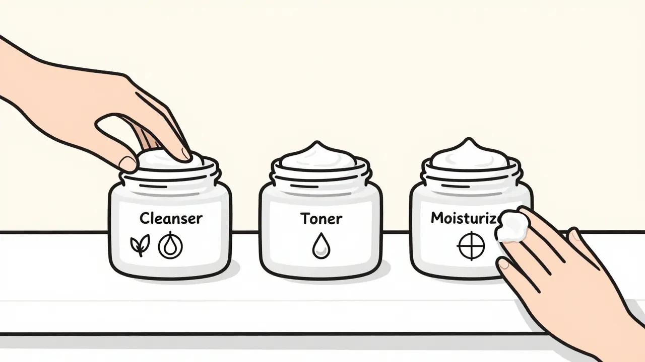 На прилавке три средства для ухода с иконками типов кожи, разное нанесение на зоны лица.