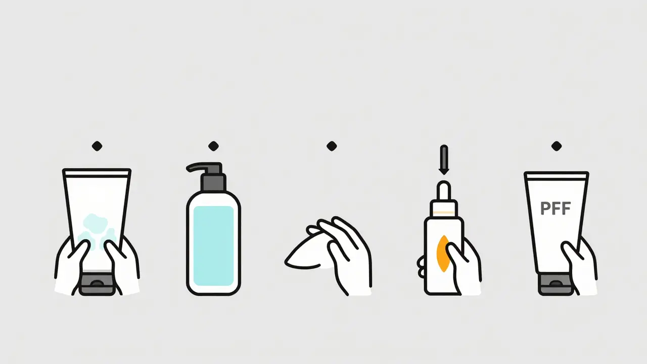 Пять этапов ежедневного ухода за шеей и декольте в виде простых иконок.