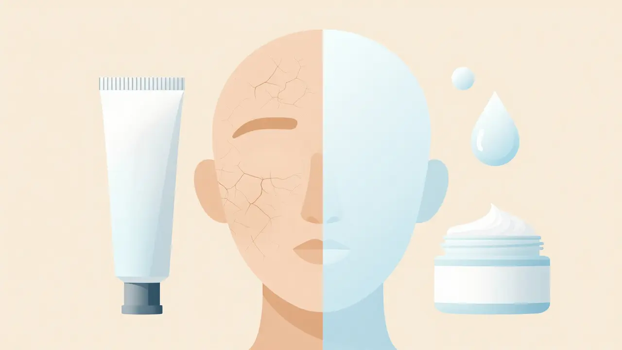 Разделённое лицо: сухая и увлажнённая кожа, рядом крем-гель и бальзам.