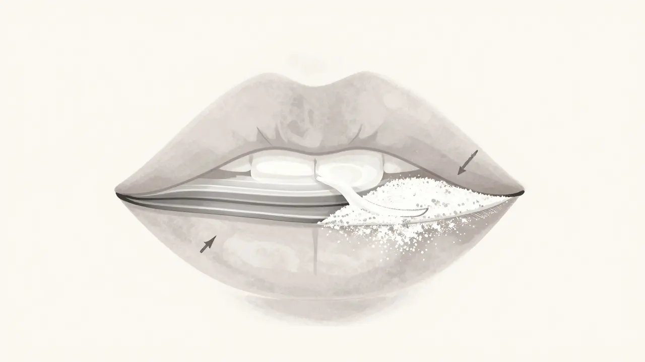 Разрез губ, показывающий слои помады и пудры как защитный барьер