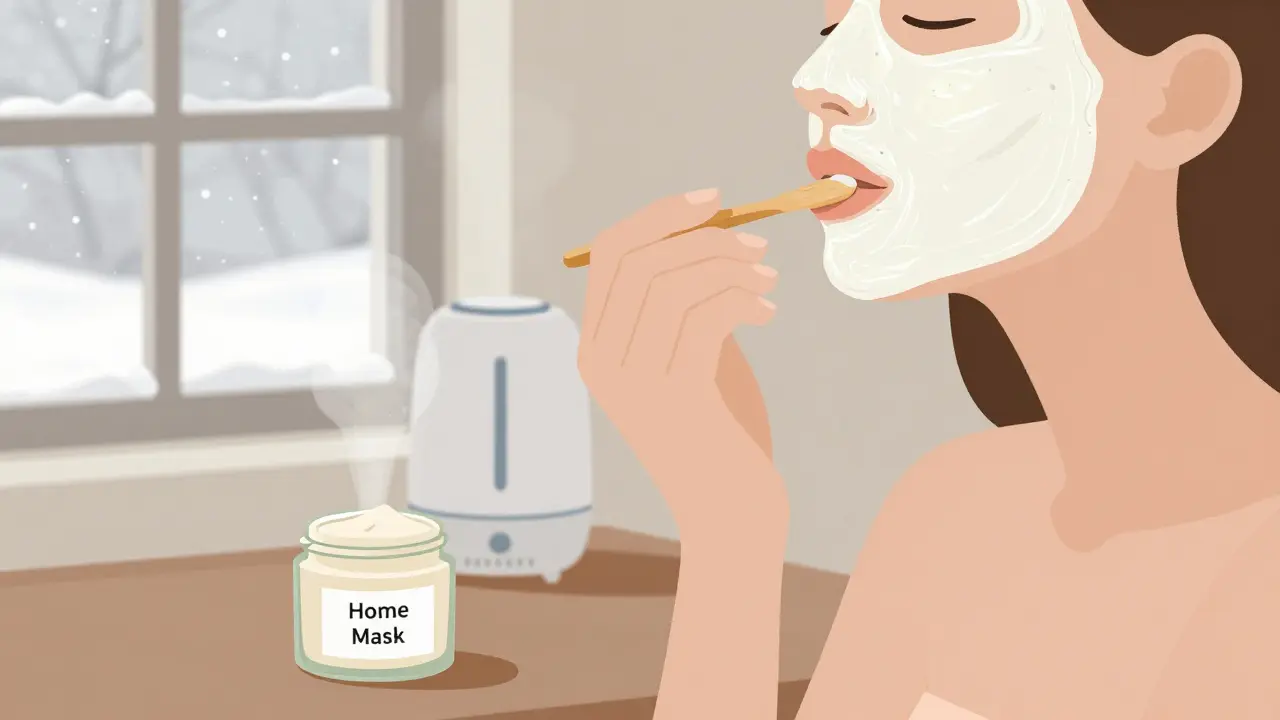 Рука наносит домашнюю маску на губы, за окном — снег, в комнате — увлажнитель.