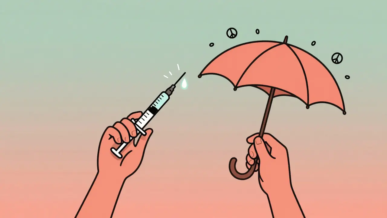 Рука с инъекцией и зонтик, капли пота превращаются в символы спокойствия.