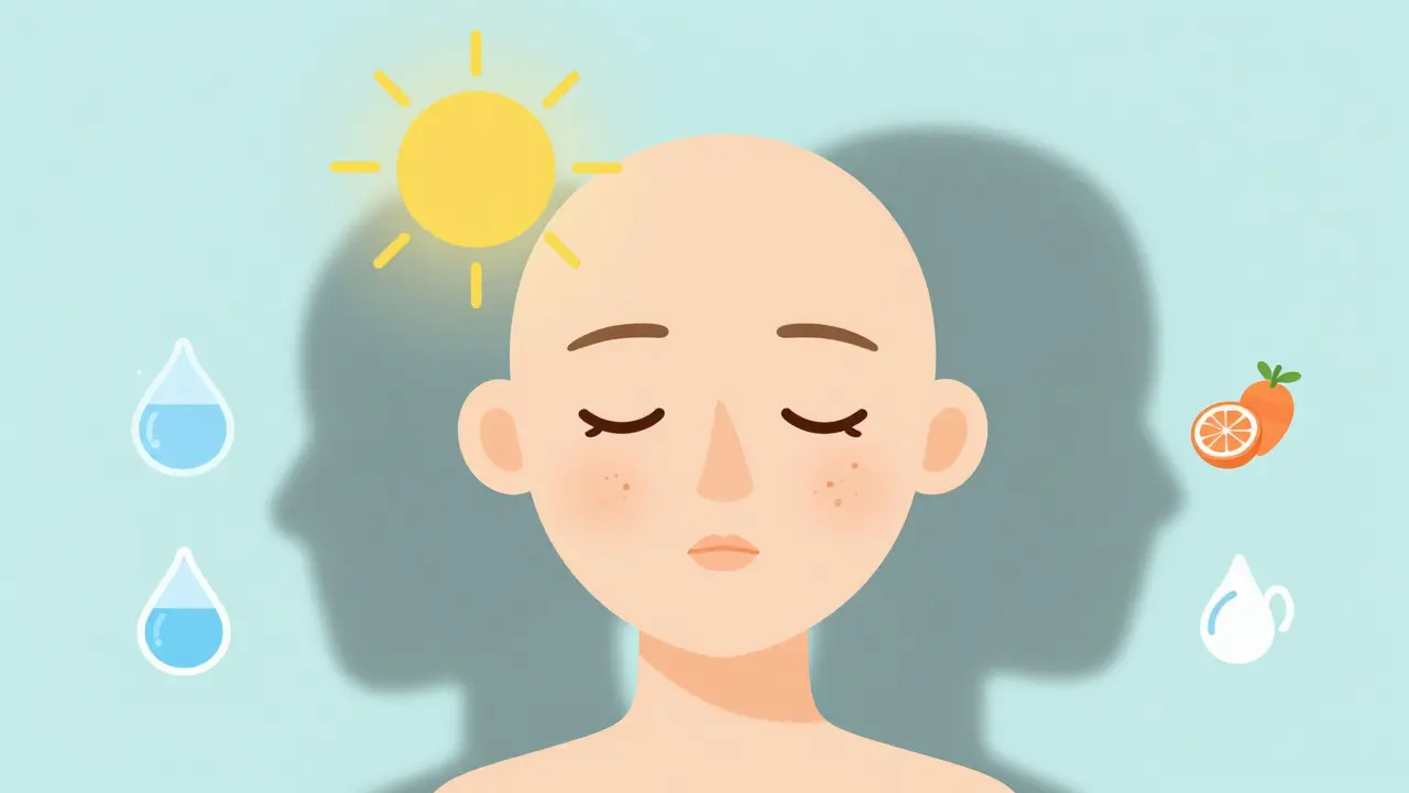 Сияющее лицо с символами здорового образа жизни и исчезающими следами акне