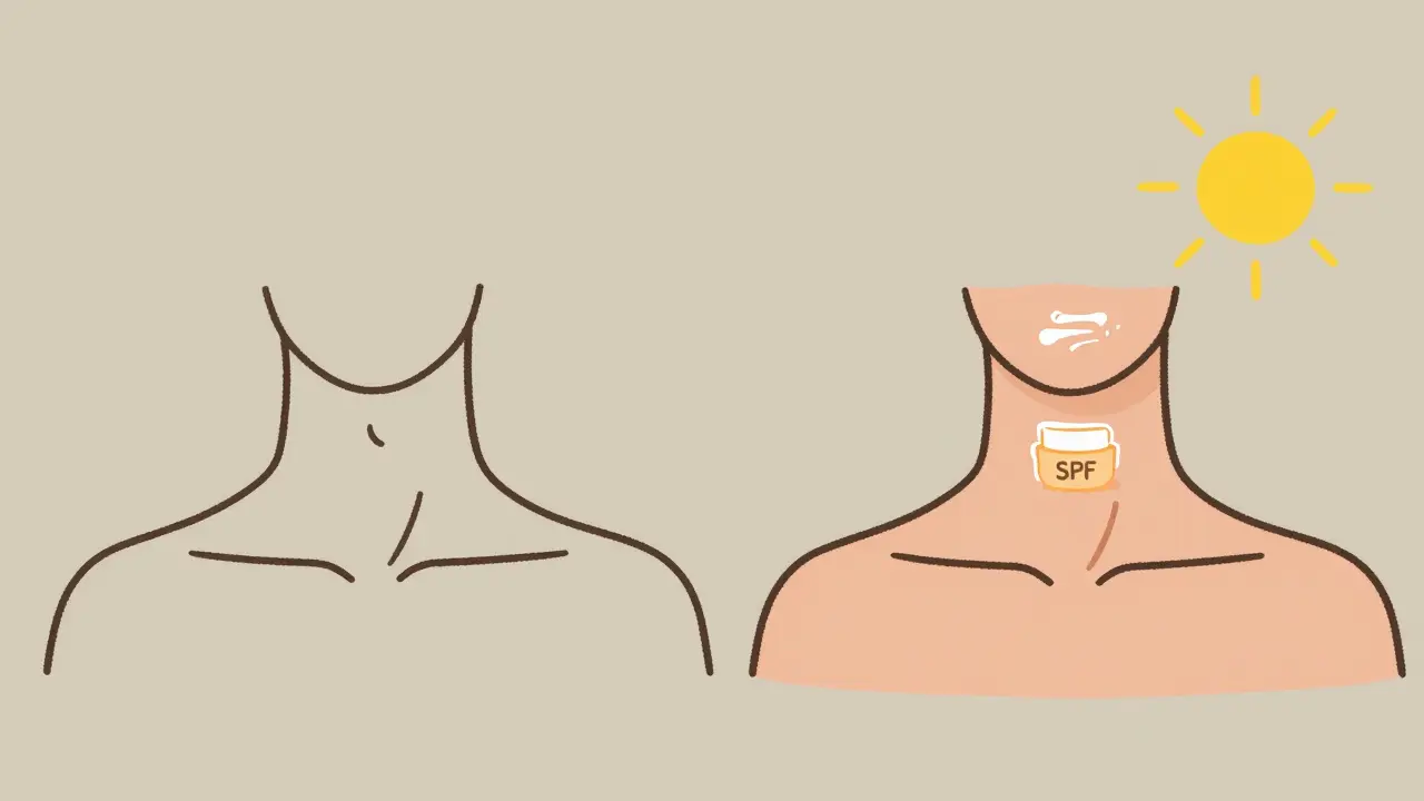 Сравнение стареющей и ухоженной кожи шеи с акцентом на защиту от солнца.