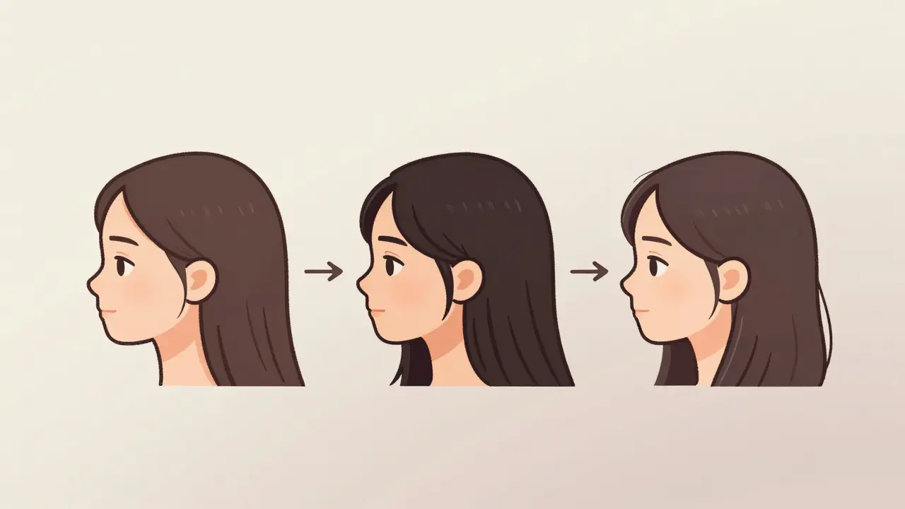 Три профиля головы, показывающие постепенный рост волос от подбородка до плеч через три месяца.