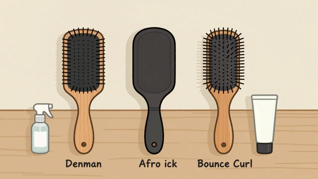 Три расчески для кудрей: Denman, афропик и Bounce Curl на фоне.
