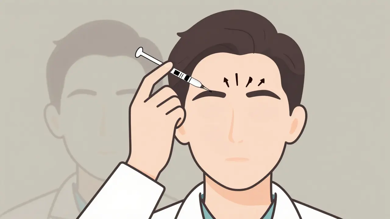 Врач вводит филлер в височную область тонкой канюлей, акцент на точности процедуры