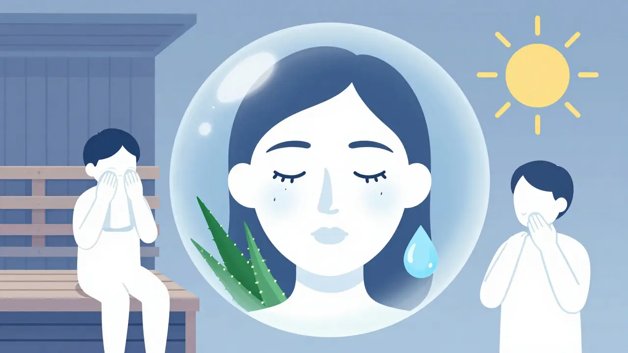 Защитная сфера вокруг лица с микропроколами, вне её — запрещённые факторы, внутри — уход и вода.