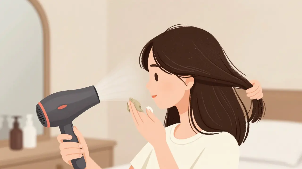 Женщина аккуратно укладывает волосы пастой, используя фен с направлением воздуха вниз.