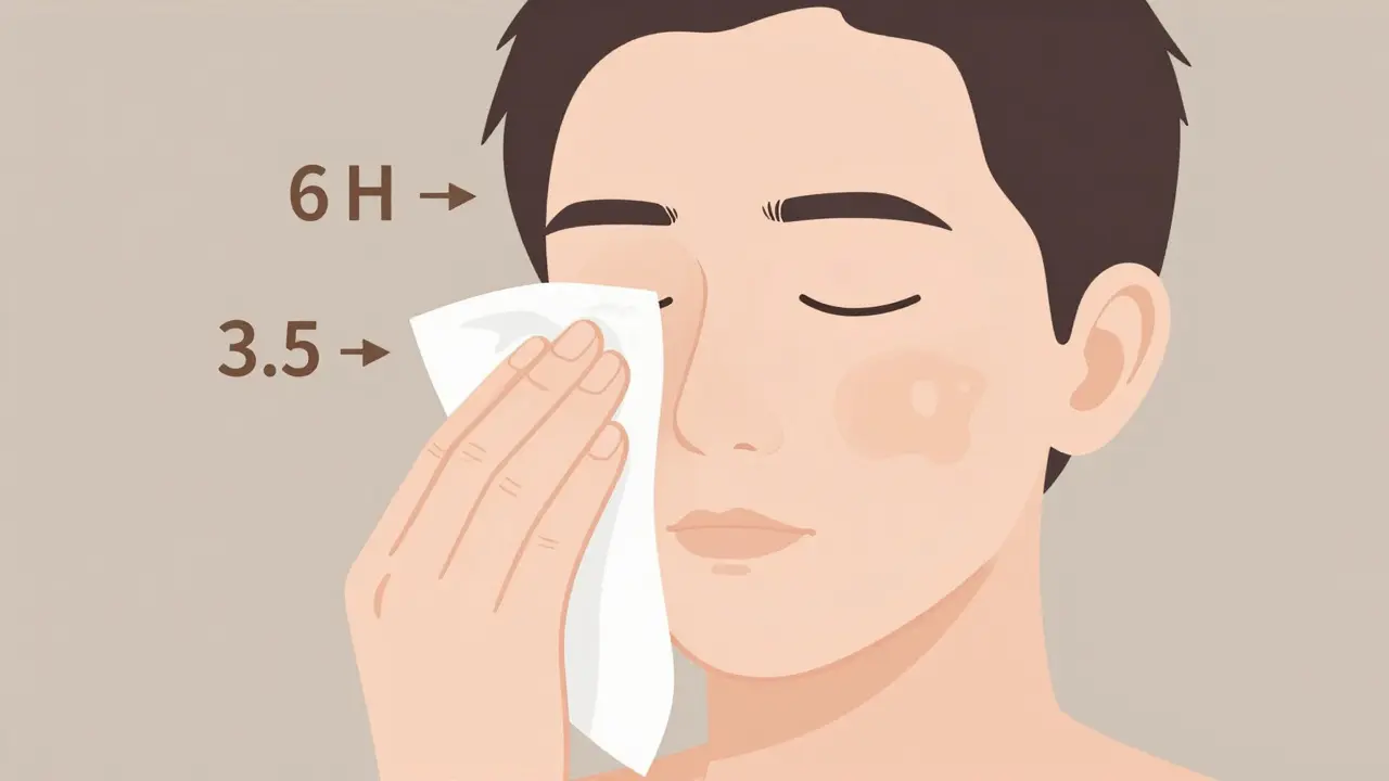 Человек проверяет тип кожи салфеткой: жирные следы на центре лица, чистые щеки, подчеркнуты разные уровни pH.