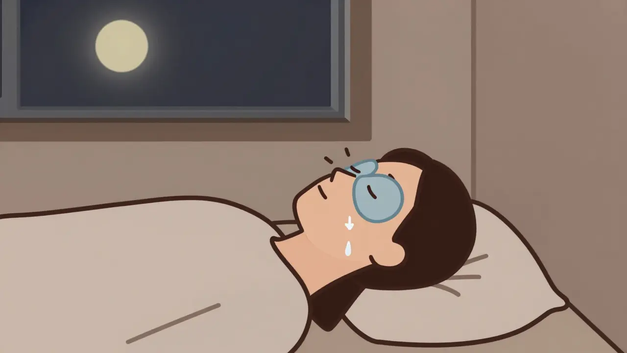 Человек спит на спине с холодным компрессом, жидкость уходит вниз.