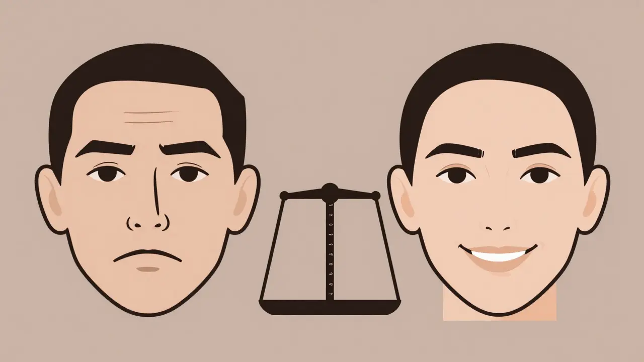 До и после ботокса: сравнение напряжённых и расслабленных бровей.