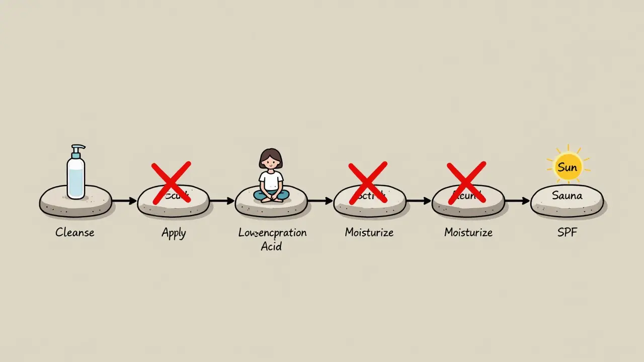Дорожка из 14 шагов к подготовке кожи к пилингу, с запрещёнными действиями, отмеченными крестиками.
