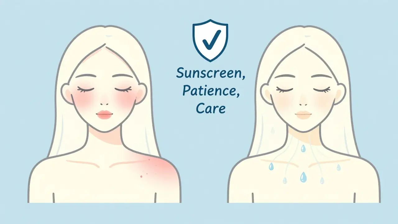 Два варианта кожи: одна повреждённая, другая сияющая, с символами заботы и защиты.