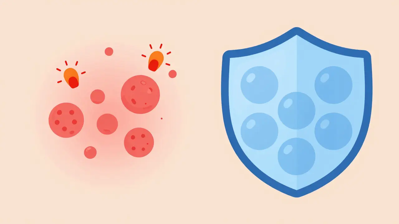 Иллюстрация реакции кожи на мелкие и крупные молекулы кислоты.
