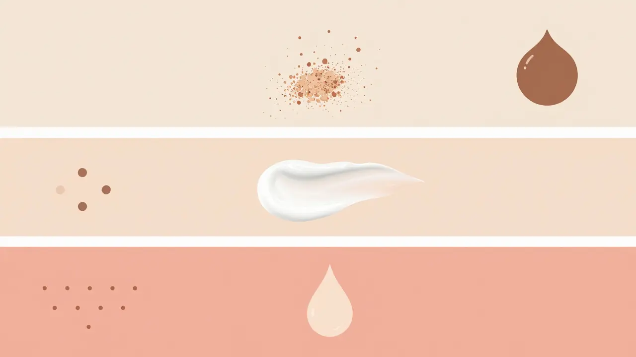 Иллюстрация текстур косметики: пудра, крем и жидкость для разного типа лица.