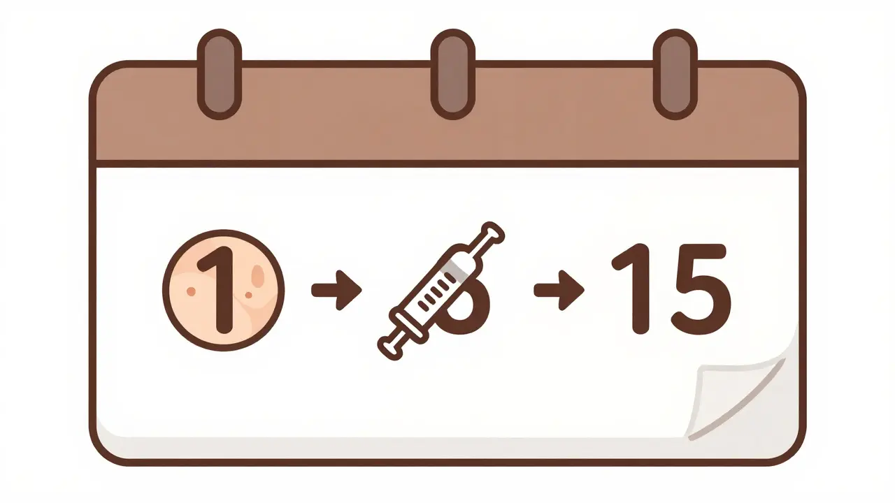 Календарь с тремя этапами курса: пилинг, биоревитализация, повторный пилинг, показывающий правильную последовательность.