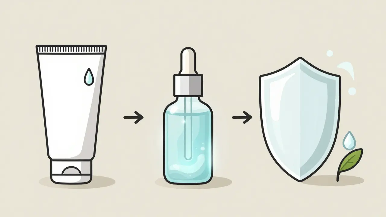 Минималистичная схема ухода за кожей: очищение, сыворотка и SPF.